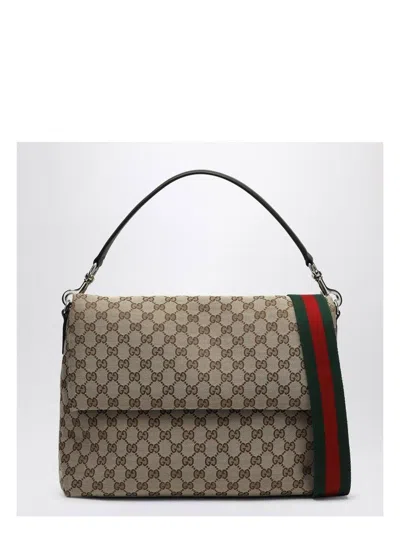 Gucci Gg Medium Shoulder Bag With Web Strap In Gray