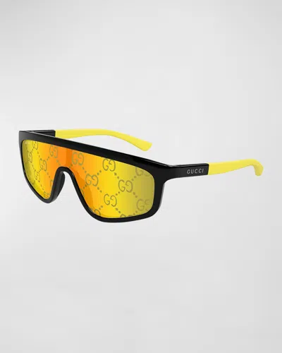 Gucci Men's Gg Monogram Shield Sunglasses In 004 Black Yellow Yellow