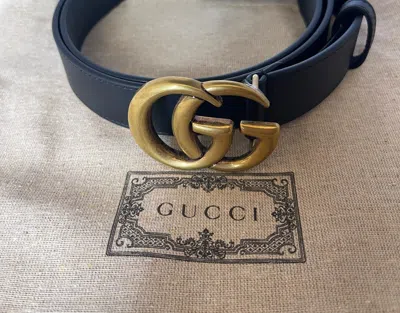 Pre-owned Gucci Men's Gg Slim Leather Belt Black Size 90-36 Brass Buckle Authentic