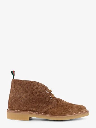 Gucci Men Gg Suede Lace-up Boots In Brown