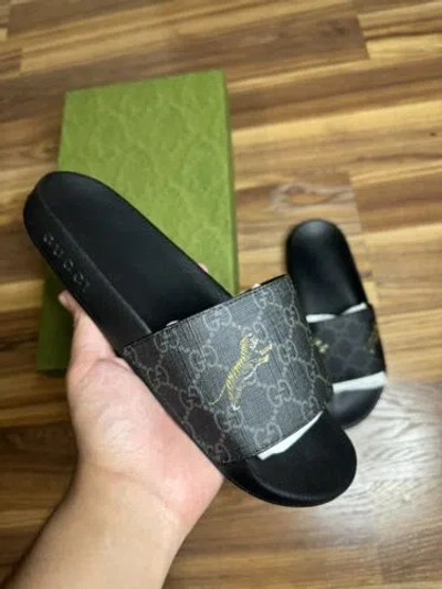 Pre-owned Gucci Men's Gg Supreme Tiger Print Black Slides Sandals 7 / Us 7.5 Auth