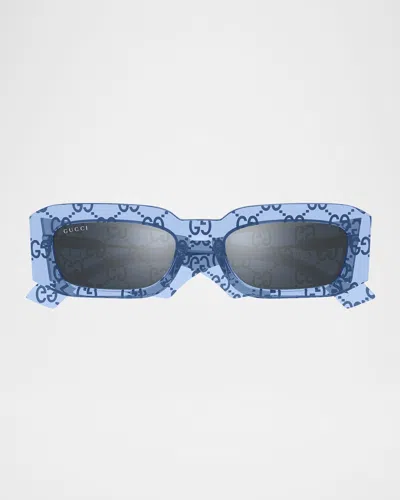 Gucci Men's Gg1426sm Acetate Rectangle Sunglasses In Shiny Bilayer Crystaltransparent Azur