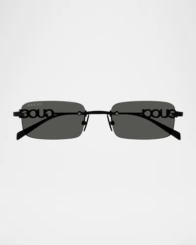 Gucci Men's Gg1808sm Metal Rectangle Sunglasses In Shiny Solid Black Varnish