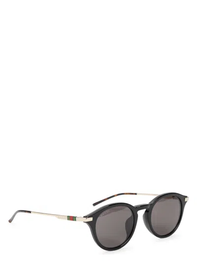 Gucci Rounded Frame Black Sunglasses With Metal Accents