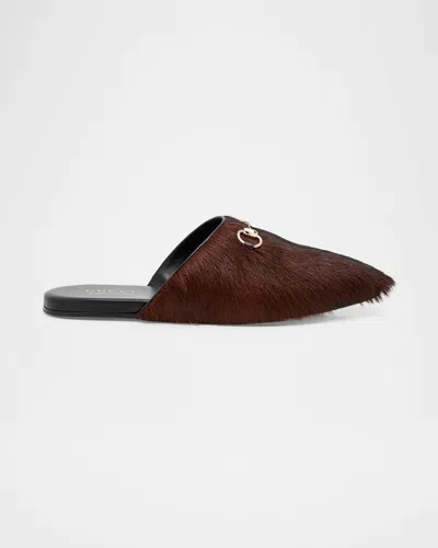 Gucci Men's Goat Hair Horsebit Mules In Brown
