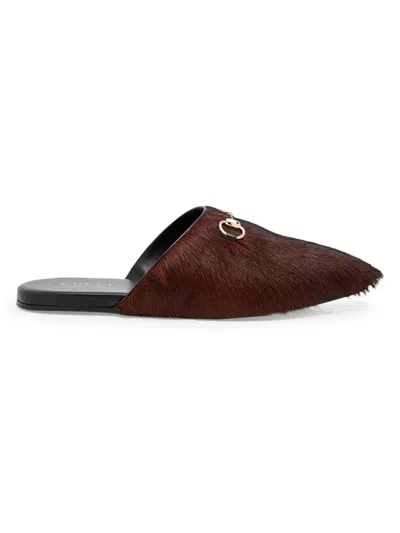 Gucci Men's Goat Hair Horsebit Mules In Brown