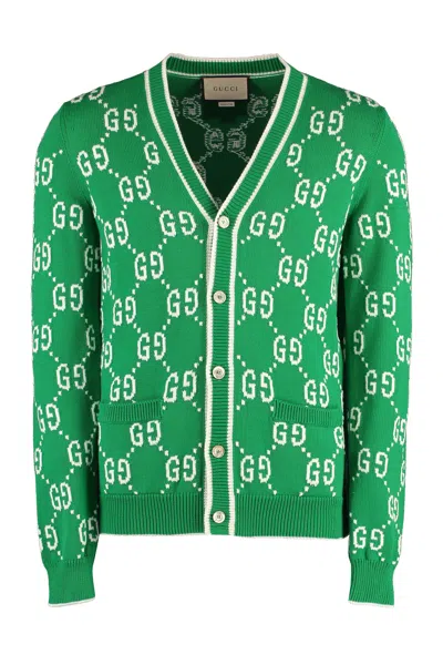 Gucci Men's Green 100% Cotton Ribbed Knit Cardigan For Ss24