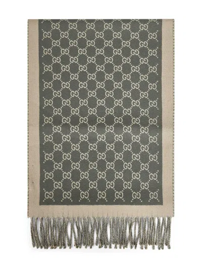 Gucci Men Green And Beige Gg Wool Scarf In Neutral