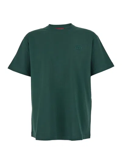 Gucci Men Green Crewneck T-shirt With Gg Embroidery On The Front In Cotton Man