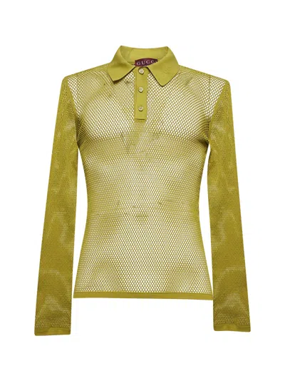 Gucci Men Green Embossed Technical Mesh Polo Top