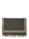 Gucci Men Green Scarf With Fringed Hem And All-over Gg Motif In Wool Man In Green