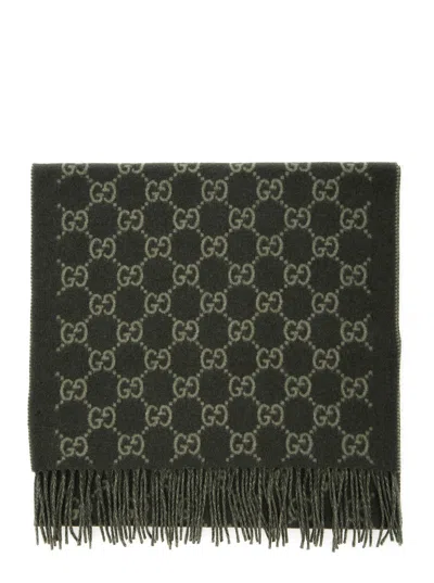 Gucci Men Green Scarf With Fringed Hem And Gg Motif Jacquard In Cashmere Man
