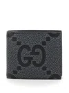 Gucci Men Grey And Black Wallet With Gg Maxi Logo On Front In Hammered Leather Man