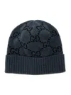 Gucci Men Grey Beanie With Turn-up Brim In Gg Jacquard Cashmere Man In Blue