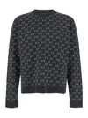 Gucci Men Grey Crewneck Sweater With Jacquard Gg Shadow In Wool Man In Blue