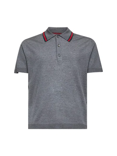 Gucci Men Grey Knit Web Polo Shirt In Gray