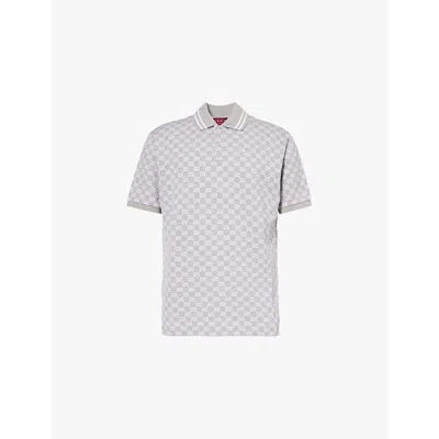 Gucci Mens Grey Melange White Monogram-pattern Striped-trim Cotton Polo Shirt