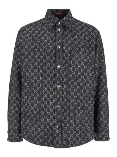 GUCCI GUCCI MEN GREY REVERSIBLE SHIRT WITH GG JACQUARD ALL-OVER MOTIF IN COTTON MAN