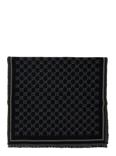 Gucci Men Grey Scarf With All-over Gg Motif And Fringed Hem In Wool Man In Black