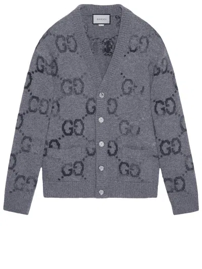 Gucci Men's Grey Wool Cardigan With All-over Gg Intarsia
