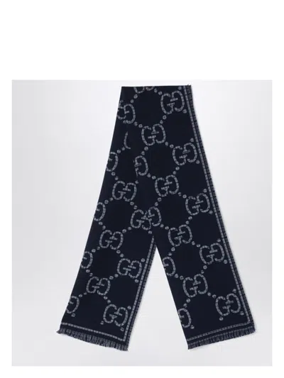 Gucci Men's Grey/blue Checked Gg Wool Scarf | 6600254g386