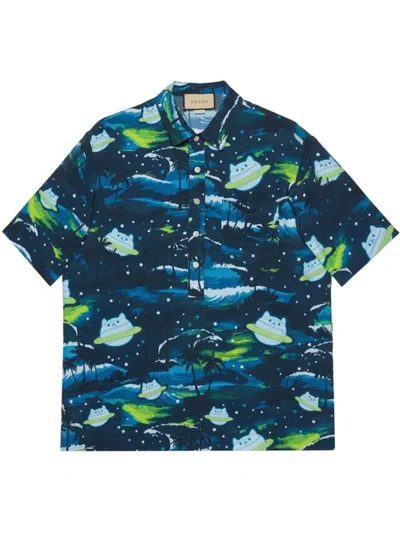 Pre-owned Gucci Men's  Abstractprint Shortsleeved Shirt In Blue
