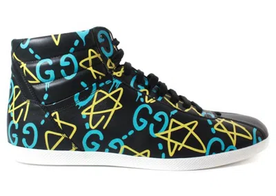 Pre-owned Gucci Men's  Ace Hightop Graffiti Ghost Stars Sneakers In Black/blue/yellow