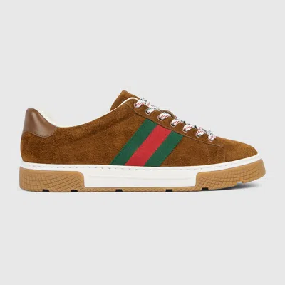 Gucci Ace Web Stripe Suede Sneakers In Brown