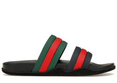 Pre-owned Gucci Men's  Agrado Grg Rubber Slide Blue Green Red Sneakers In Black