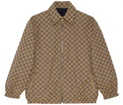 Pre-owned Gucci Men's  All Over Gg Harrington Reversable Jacket In Beige Navy Blue