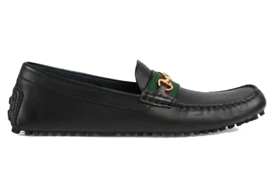 Pre-owned Gucci Men's  Ayrton Webbingtrimmed Horsebit Leather Driver Loafers Sneakers In Black