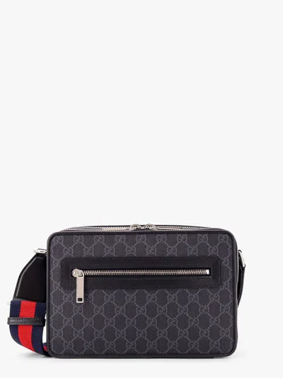 Gucci Men Gg Supreme Fabric And Leather Shoulder Bag In Black