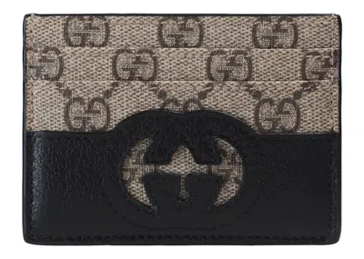 Pre-owned Gucci Men's  Card Case With Cutout Interlocking G In Beige/ebony