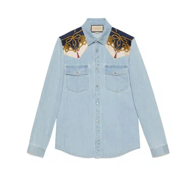 Pre-owned Gucci Men's  Chain Print Panelled Shirt In Light Blue