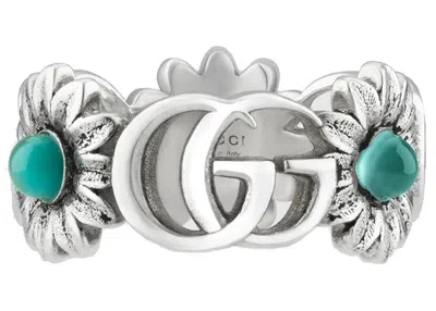 Pre-owned Gucci Men's  Double G Flower Ring Blue Topaz Stones In Silver