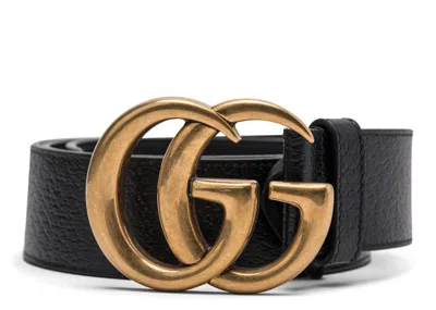 Pre-owned Gucci Men's  Double G Gold Buckle Textured Leather Belt 1.5 Width In Black