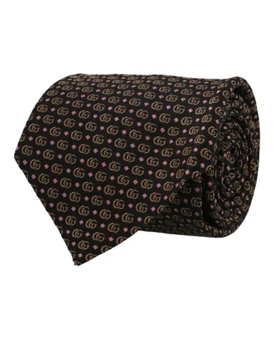 Pre-owned Gucci Men's  Double G Silk Jacquard Tie In Dark Brown Pink