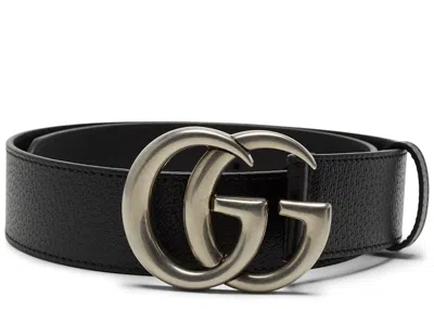 Pre-owned Gucci Men's  Double G Silver Buckle Textured Leather Belt 1.5 Width In Black