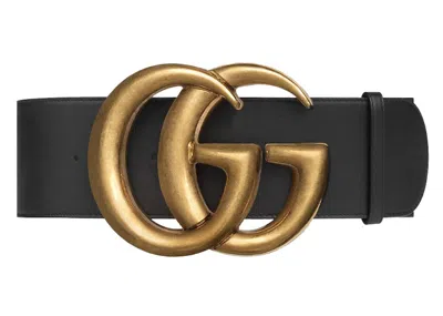 Pre-owned Gucci Men's  Double G Wide Leather Belt Antique Brass Buckle 2.75 Width In Black