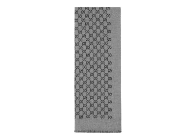 Pre-owned Gucci Men's  Double Jacquard Gg Wool Scarf In Dark Grey/black