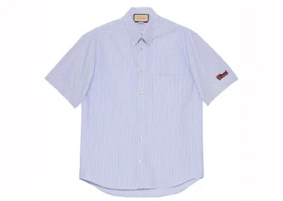 Pre-owned Gucci Men's  Embroidered Logo Short Sleeve Shirt In Blue
