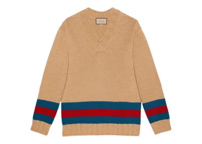 Pre-owned Gucci Men's  Fine Mohair Wool Webbed Sweater In Camel/red/green