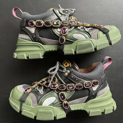 Pre-owned Gucci Men's  Flashtrek Removable Crystals Sneakers Boot In Green