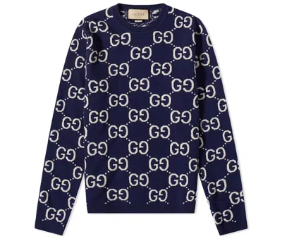 Pre-owned Gucci Men's  Gg All Over Crewneck Sweatshirt Sweater In Navy Blue