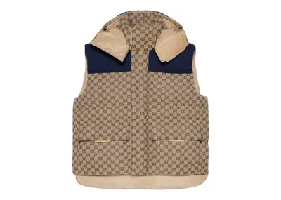 Pre-owned Gucci Men's  Gg Canvas Down Vest With Detachable Hoodie In Beige/blue In Multi