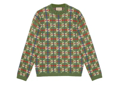 Pre-owned Gucci Men's  Gg Check Knit Wool Sweaterred In Green/blue/white