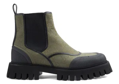 Pre-owned Gucci Men's  Gg Jacquard Canvas Ankle Boots Olive Black Sneakers In Green