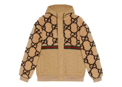Pre-owned Gucci Men's  Gg Jacquard Oversized Hooded Wool Jacketred In Beige/ebony/green In Multi