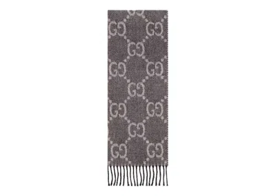 Pre-owned Gucci Men's  Gg Jacquard Pattern Knit Scarf With Tassels In Grey/black In Multi