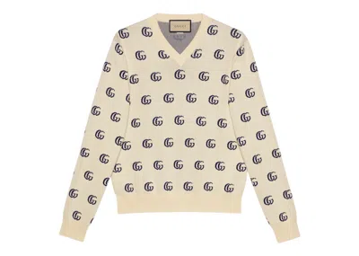 Pre-owned Gucci Men's  Gg Knit Cotton Jacquard Jumper In Ivory/blue